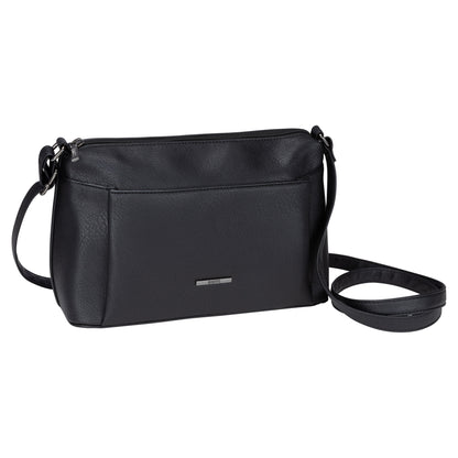 Roots Faux Leather Top Zip Crossbody with front pocket and adjustable strap, shown against a white background.