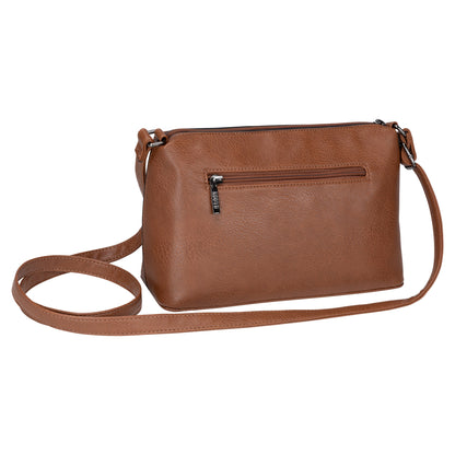Roots Faux Leather Top Zip Crossbody by Roots with front zip pocket and adjustable strap, shown on white.