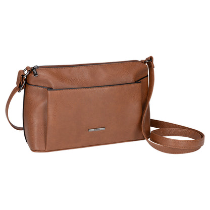 Roots Faux Leather Top Zip Crossbody with front pocket and adjustable strap by Roots on white background.