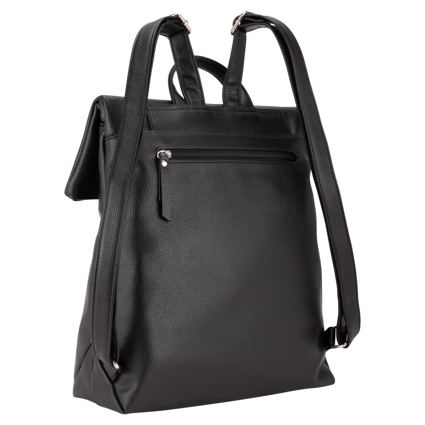 Roots Faux Leather Flapover Backpack by Roots, black with adjustable straps and zippered back pocket.