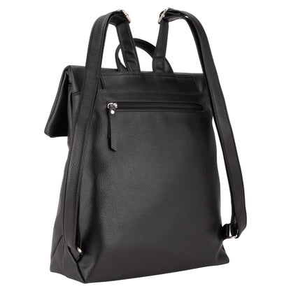 Roots Faux Leather Flapover Backpack by Roots, black with adjustable straps and zippered back pocket.