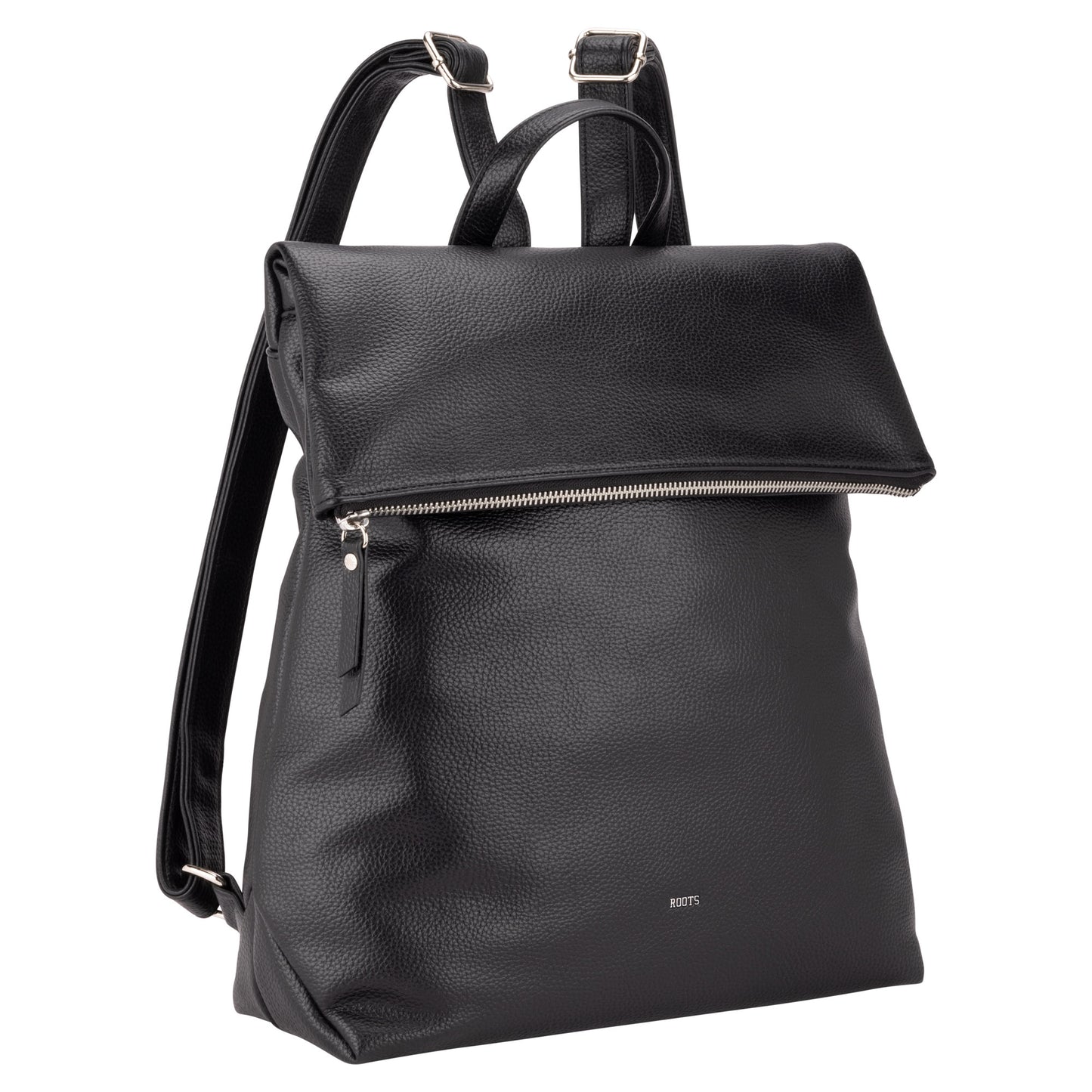 Roots Faux Leather Flapover Backpack by Roots with front zipper and adjustable shoulder straps.
