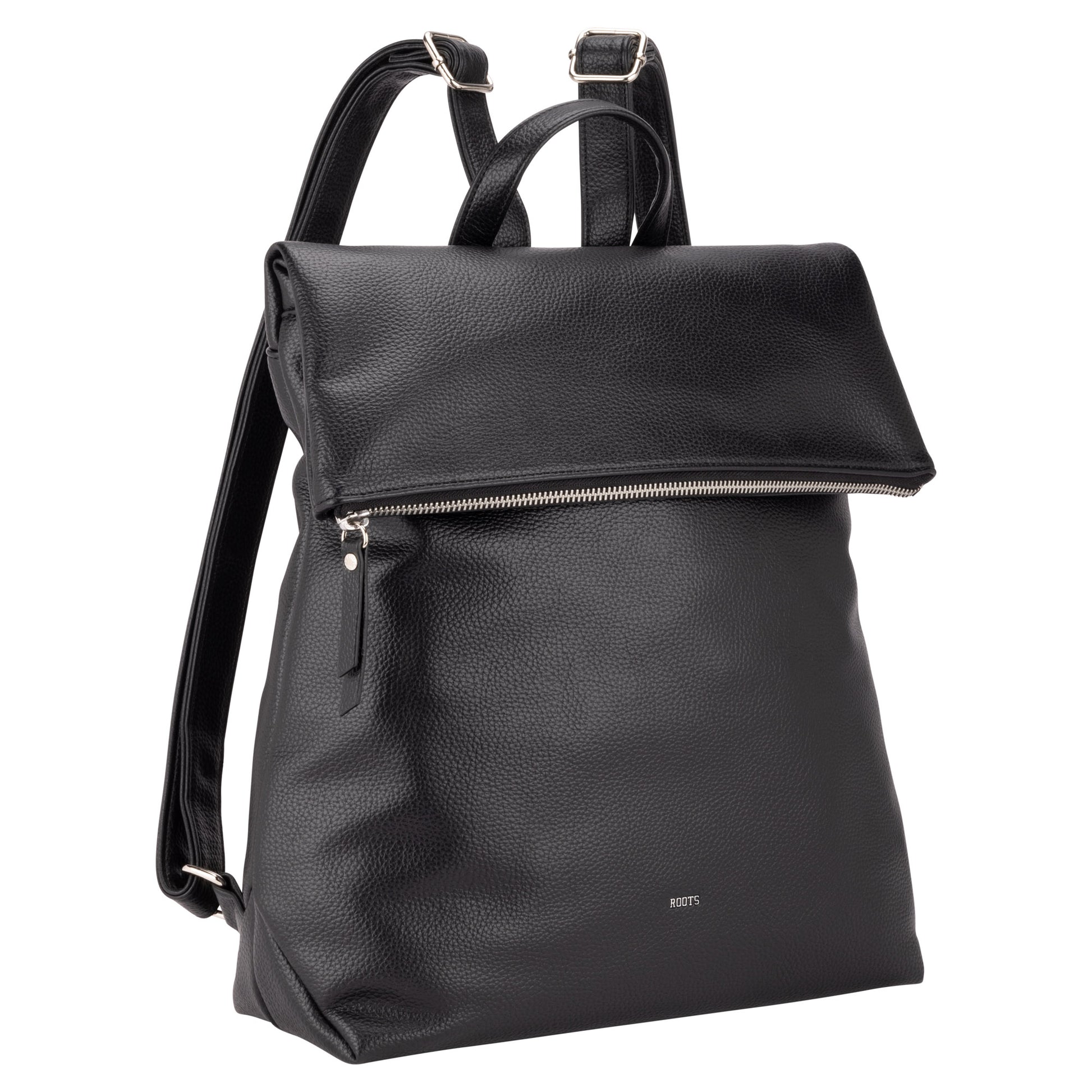 Roots Faux Leather Flapover Backpack by Roots with front zipper and adjustable shoulder straps.