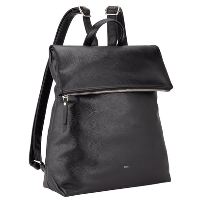 Roots Faux Leather Flapover Backpack by Roots with front zipper and adjustable shoulder straps.
