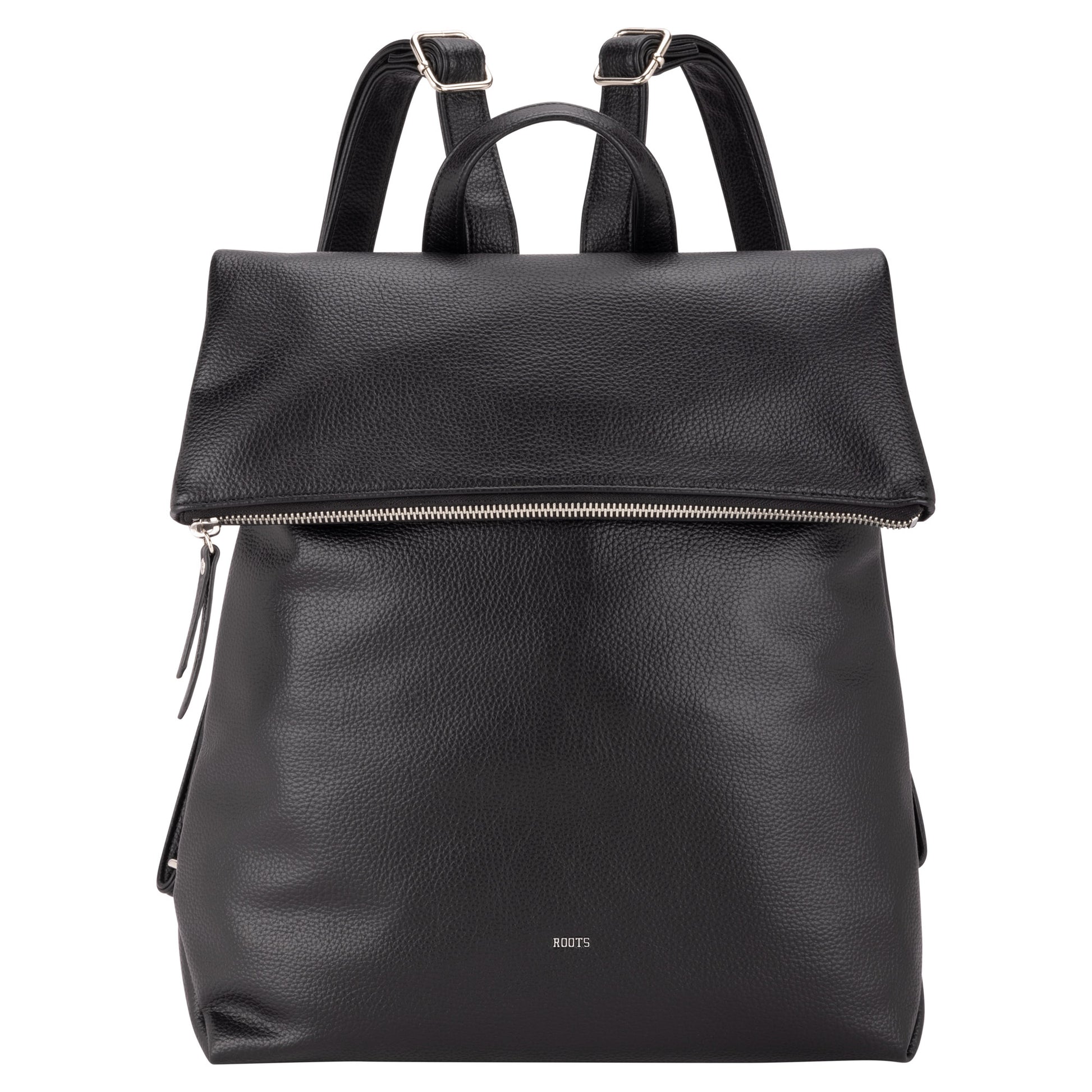 Roots Faux Leather Flapover Backpack by Roots with zip closure and adjustable shoulder straps.