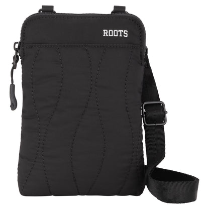 Roots Kammy Wavy Quilted Cellphone Crossbody with adjustable strap and "ROOTS" branding on top right.