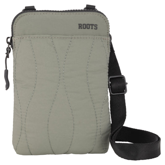 Product Image – Roots Kammy Wavy Quilted Cellphone Crossbody in sage green has a zipper and black adjustable strap for essentials.