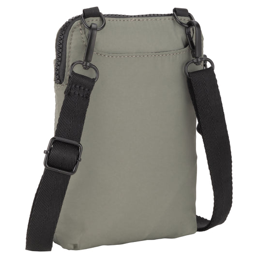 Product Image – Roots Kammy Wavy Quilted Cellphone Crossbody in sage green with black adjustable slider strap and metal hooks, back view.