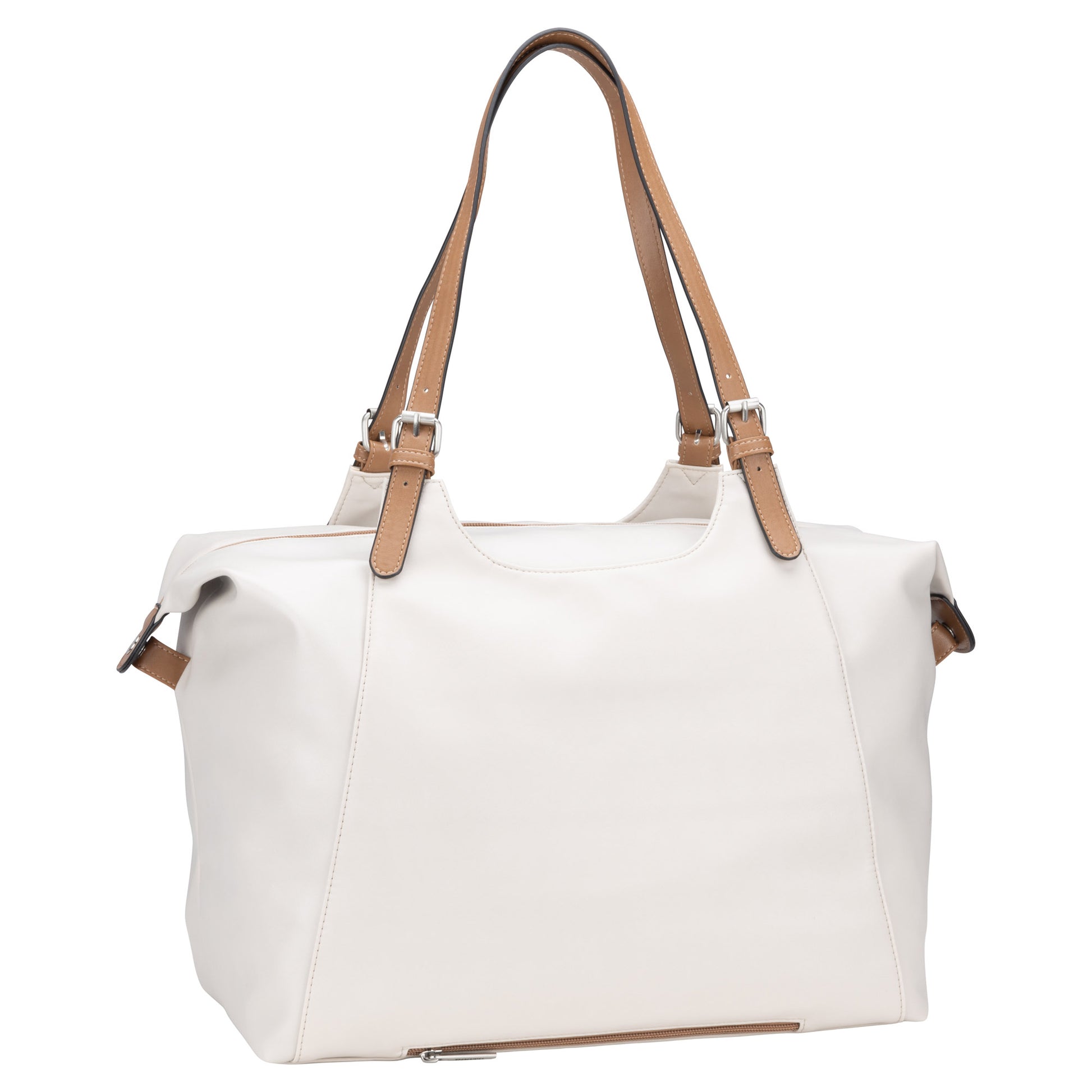 Introducing the Roots Belt Buckle Double Handle Satchel - ONLINE ONLY: a stylish and versatile white leather tote bag designed by Roots, featuring brown handles and silver closures. This elegant satchel offers a spacious main compartment, zipper detail on the front, and plenty of storage options to accommodate all your essentials.