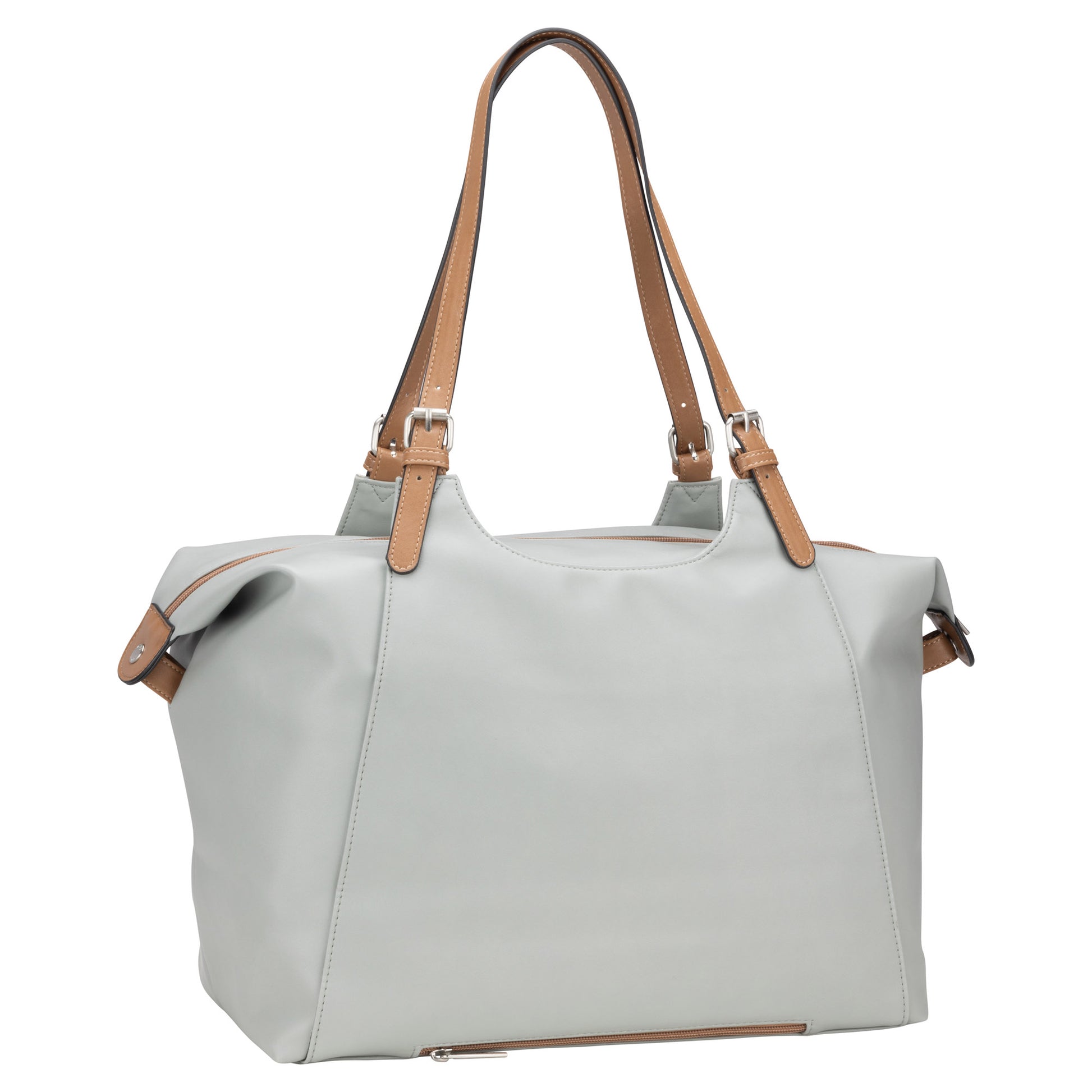 The Roots Belt Buckle Double Handle Satchel - ONLINE ONLY, from the brand Roots, is a versatile light sage tote featuring tan leather handles and trim. With its rectangular shape and minimal design, it provides convenient storage for daily essentials.