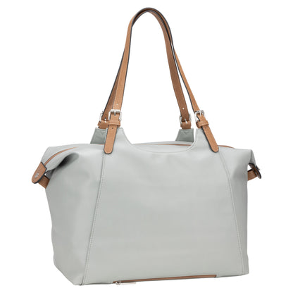 The Roots Belt Buckle Double Handle Satchel - ONLINE ONLY, from the brand Roots, is a versatile light sage tote featuring tan leather handles and trim. With its rectangular shape and minimal design, it provides convenient storage for daily essentials.