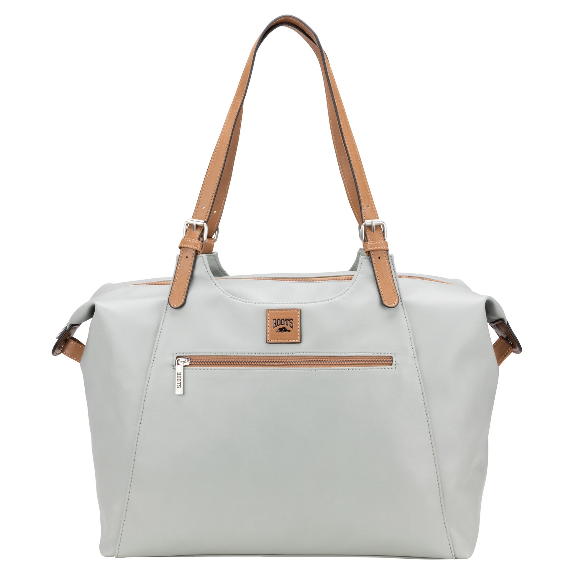 Introducing the Roots Belt Buckle Double Handle Satchel - ONLINE ONLY, a versatile sage tote bag featuring stylish tan leather straps and complemented by a convenient front zipper pocket for added storage options.