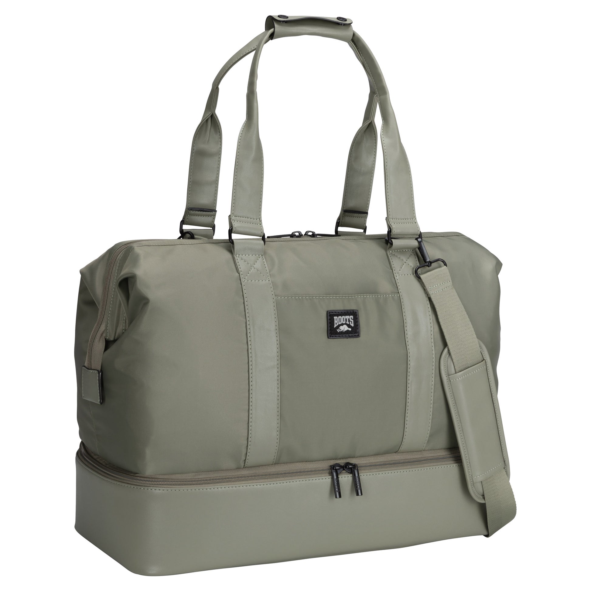 Roots Drop Bottom Weekender Bag, sage, front angled view