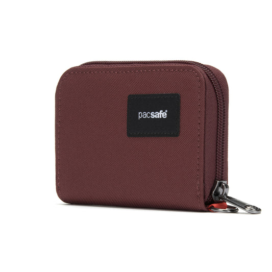 Product Image – Garnet red recycled polyester RFIDsafe™ Card Wallet by Pacsafe, with two zipper pulls and "Pacsafe" label.