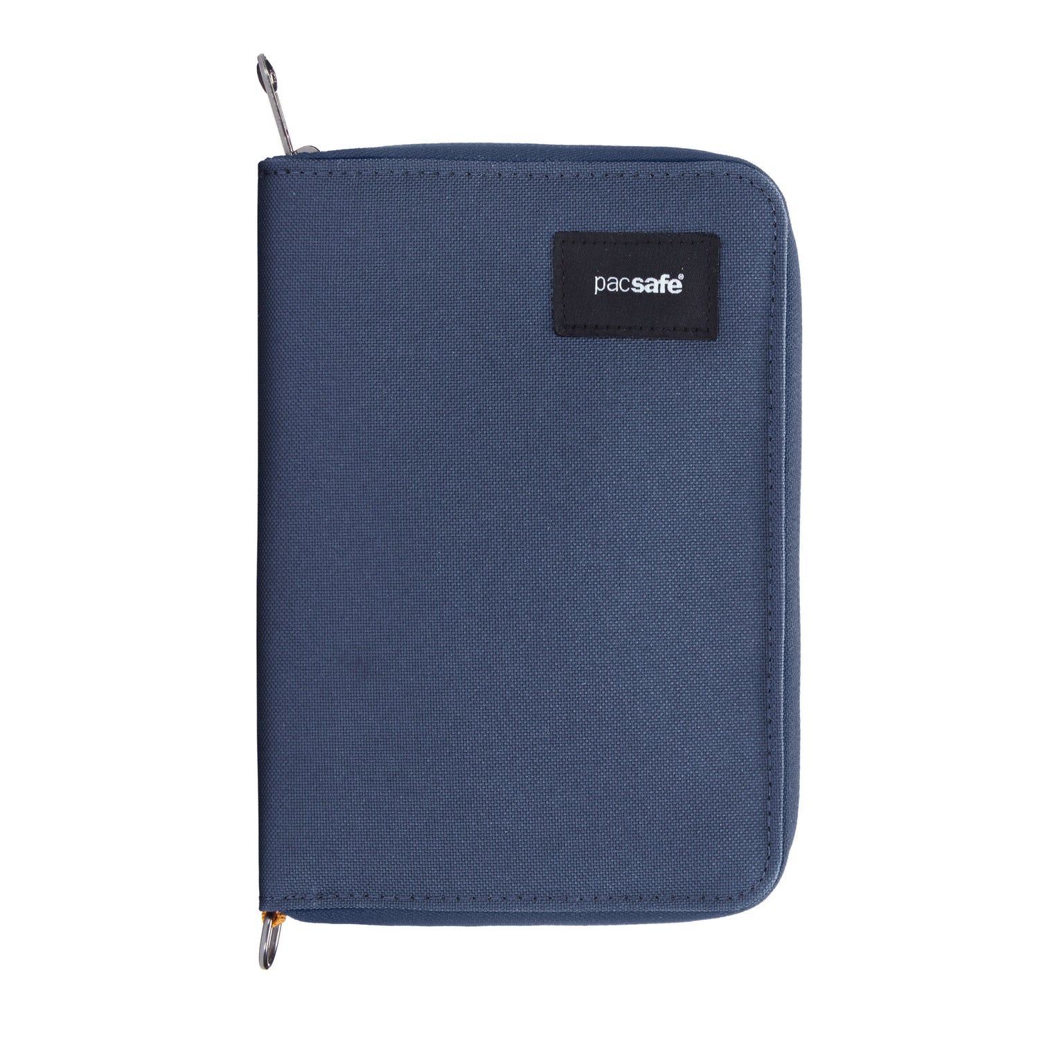 Pacsafe® RFIDsafe™ RFID Blocking travel organizer, made from recycled polyester, with a zip and logo.