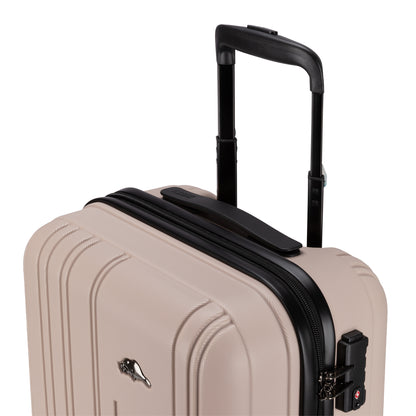 Close up of black telescopic handle on the light taupe Roots Identity 19" Hardside Spinner Carry-on