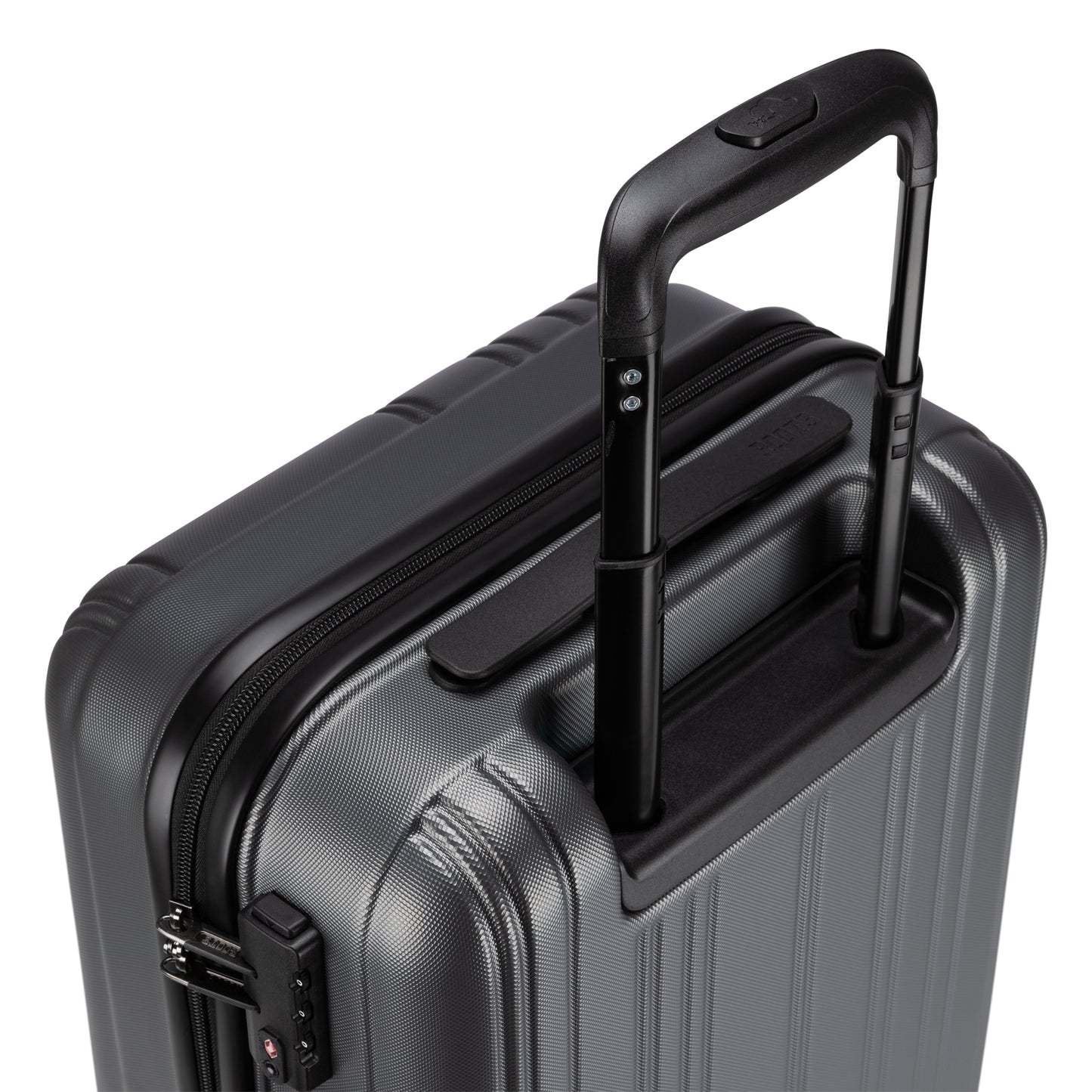 Roots Identity 19" Hardside Spinner Carry-on, anchor grey, top back view with black telescopic handle extended