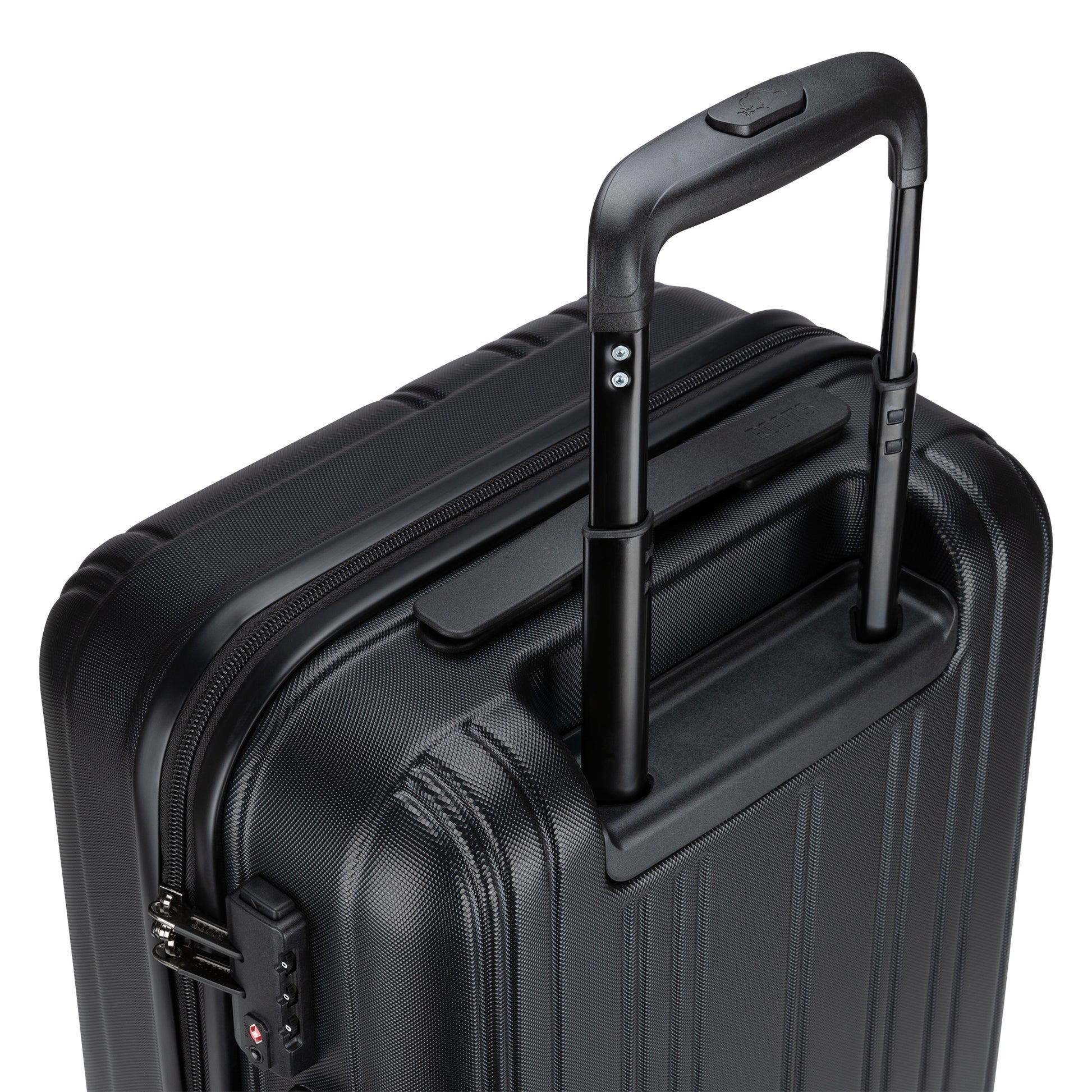 Roots Identity 19" Hardside Spinner Carry-on, black, top back view with black telescopic handle extended