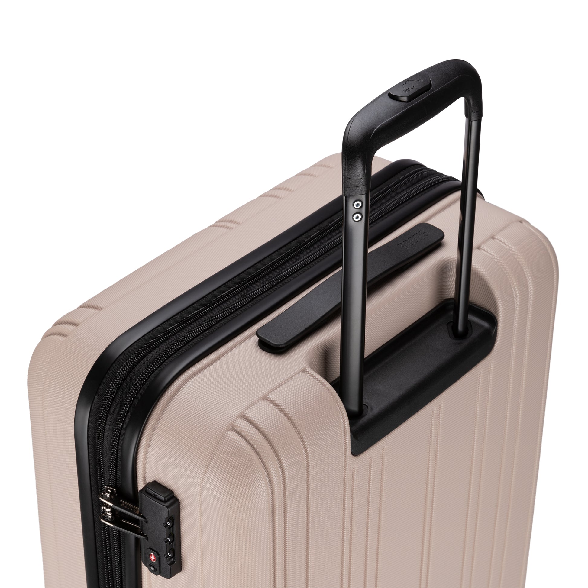 Roots Identity 24" Expandable Hardside Spinner, light taupe, top back view with black telescopic handle extended