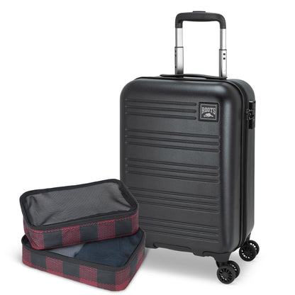 Roots Chalet Hardside Spinner Carry-on in black, front angled view with two packing cubes stacked in front