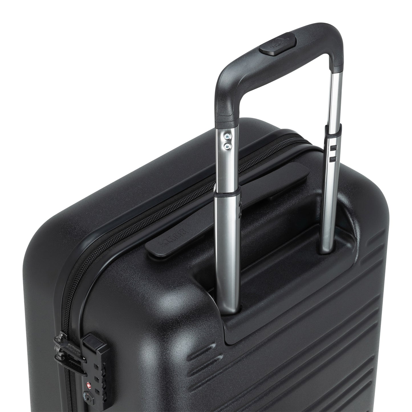 Roots Chalet Hardside Spinner Carry-on, black, top back view with silver telescopic handle extended