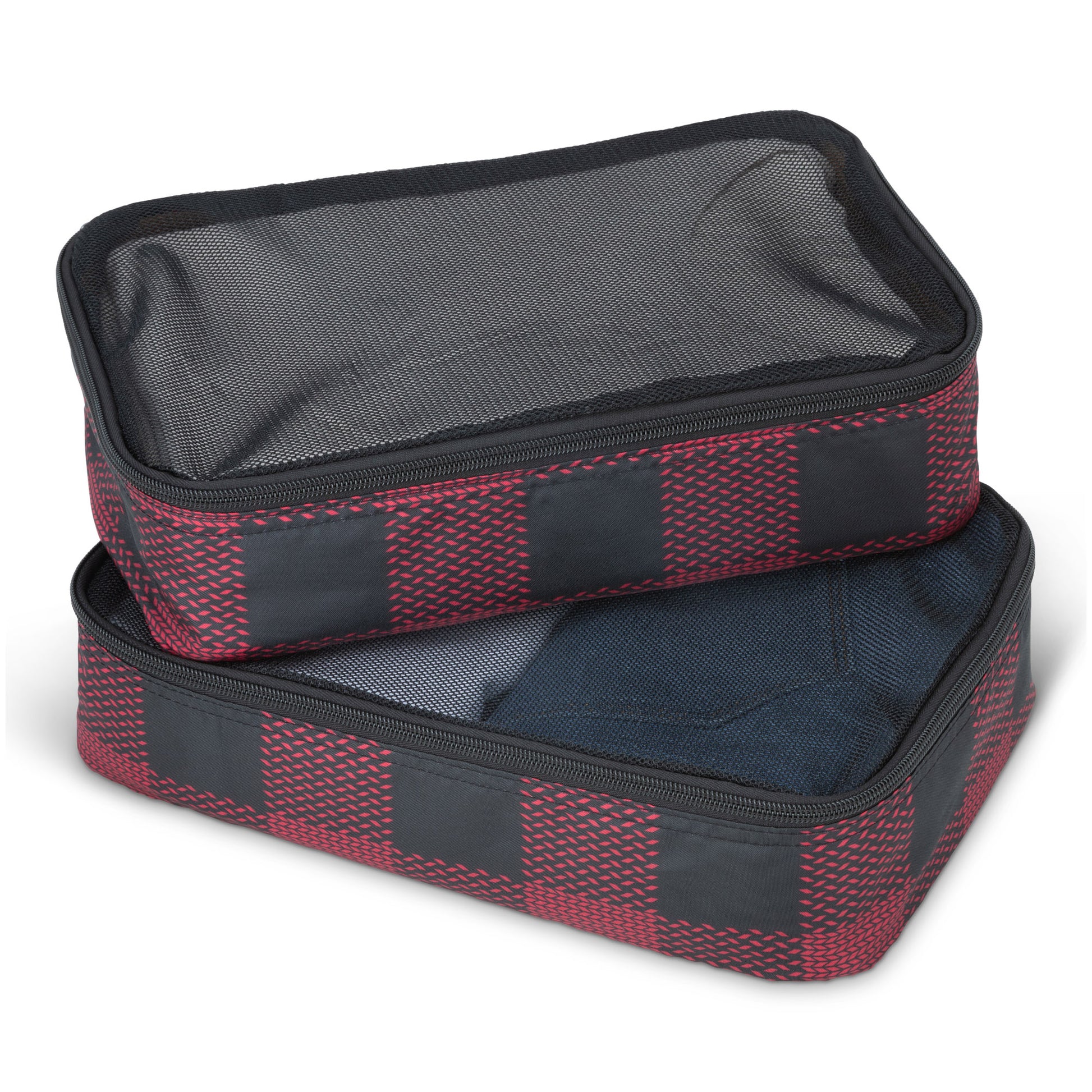 Roots Chalet two packing cubes with black mesh and black and red buffalo check pattern on sides