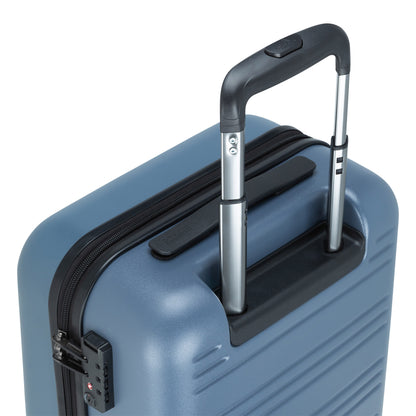 Roots Chalet Hardside Spinner Carry-on, blue, top back view with silver telescopic handle extended