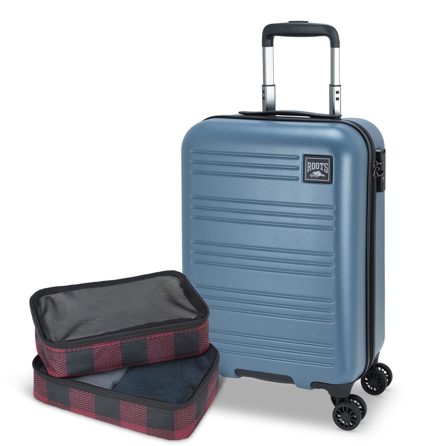 Roots Chalet Hardside Spinner Carry-on in blue, front angled view with two packing cubes stacked in front