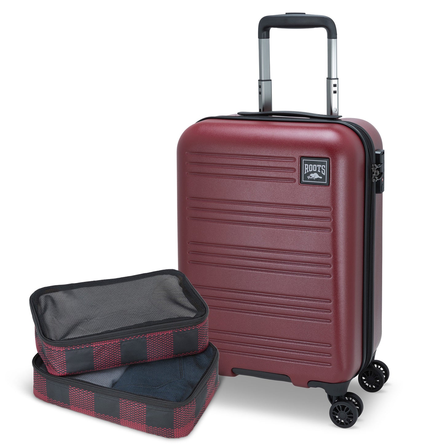 Roots Chalet Hardside Spinner Carry-on in merlot red, front angled view with two packing cubes stacked in front