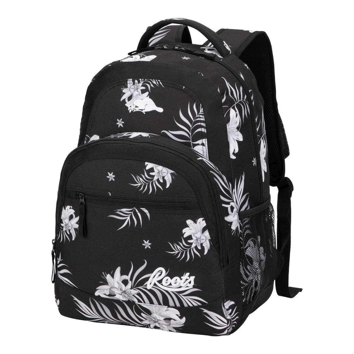 Black Roots 34L Laptop Backpack - ONLINE ONLY with a white floral pattern and a front zipper pocket.