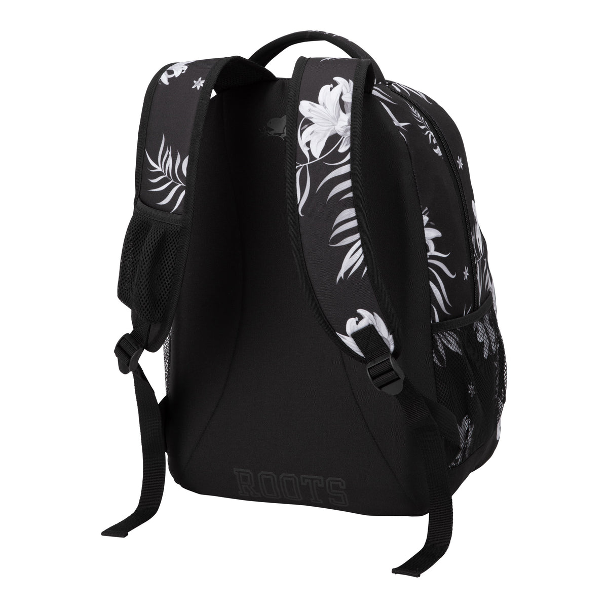 Roots 34L Laptop Backpack in black recycled fabric with a white floral pattern, padded straps, and side mesh pockets.