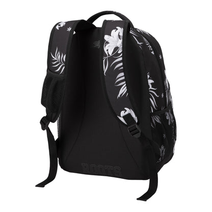 Roots 34L Laptop Backpack in black recycled fabric with a white floral pattern, padded straps, and side mesh pockets.