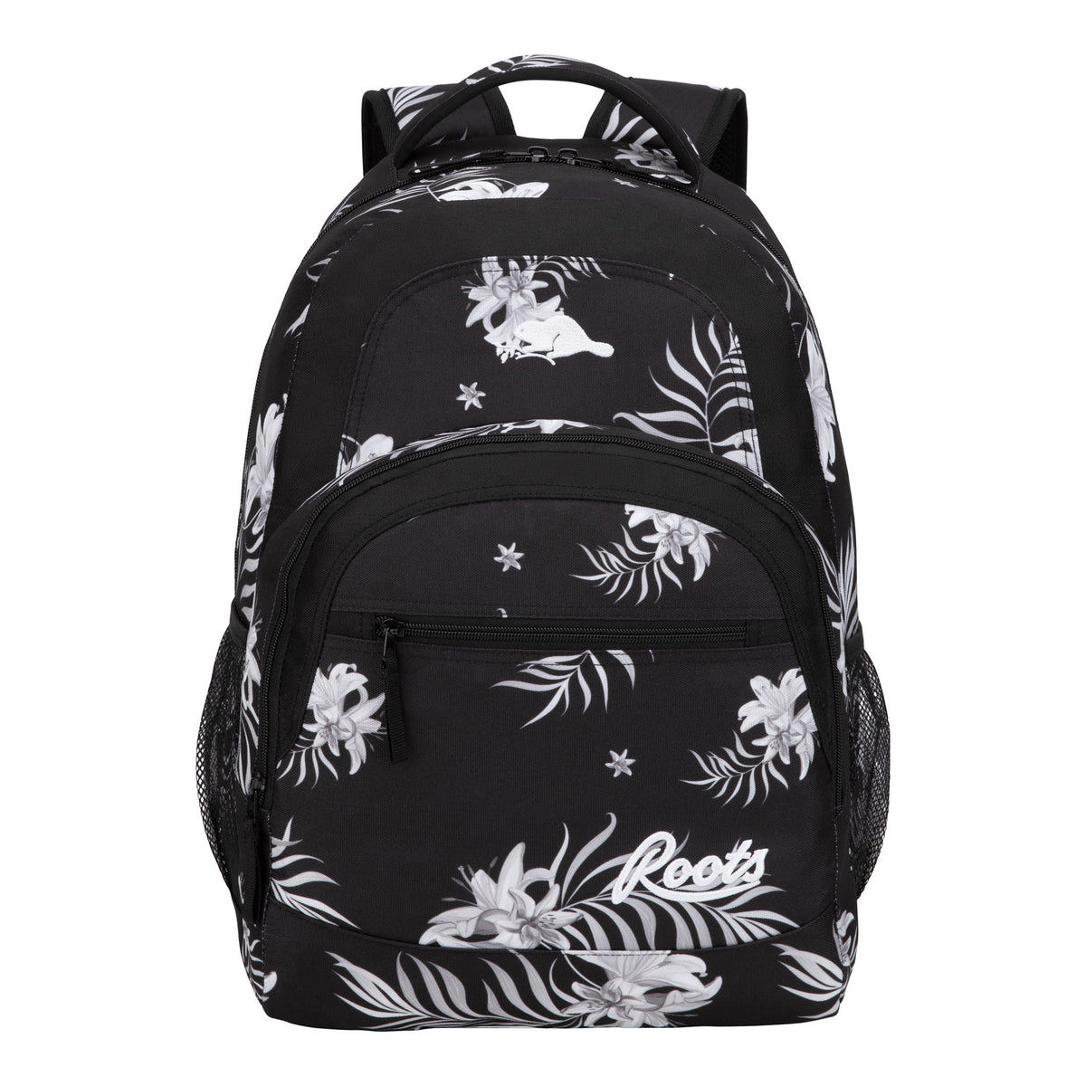 Roots 34L Laptop Backpack in black with a white floral pattern, side mesh pockets, and recycled fabric construction.
