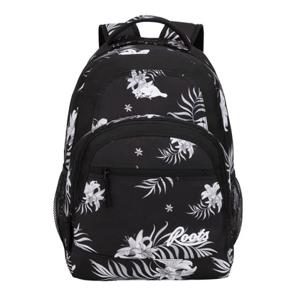 Roots 34L Laptop Backpack in black with a white floral pattern, side mesh pockets, and recycled fabric construction.