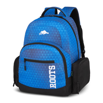 Blue patterned Roots 37L Laptop Backpack - ONLINE ONLY with black trim, side pockets, and white logo details.