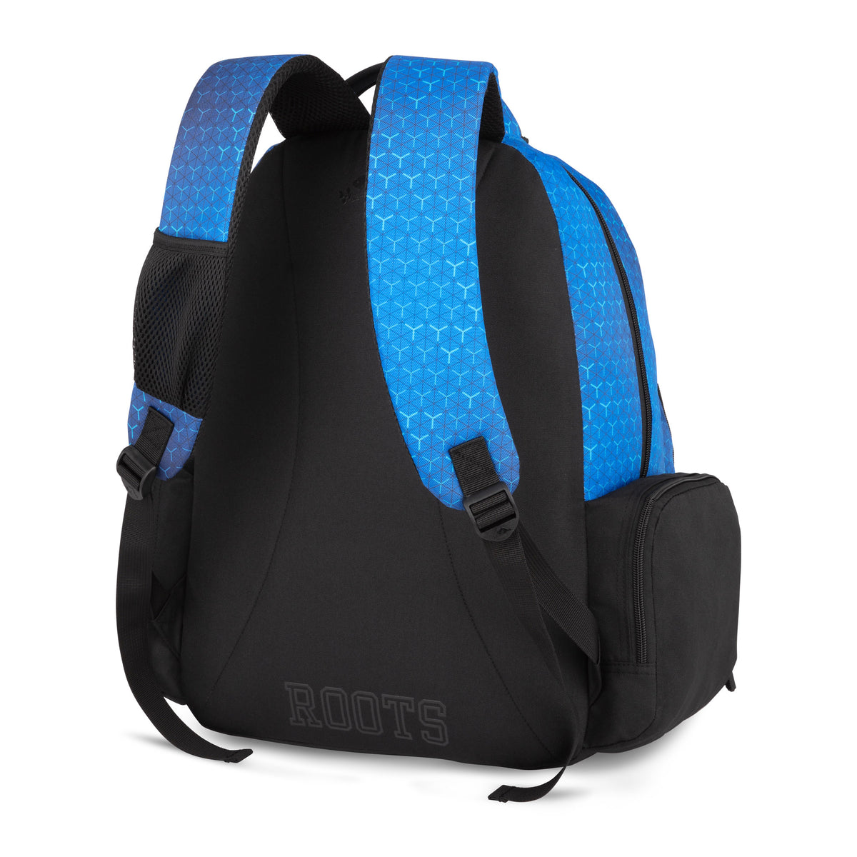 Back view of a black Roots 37L Laptop Backpack - ONLINE ONLY with blue geometric-patterned shoulder straps.
