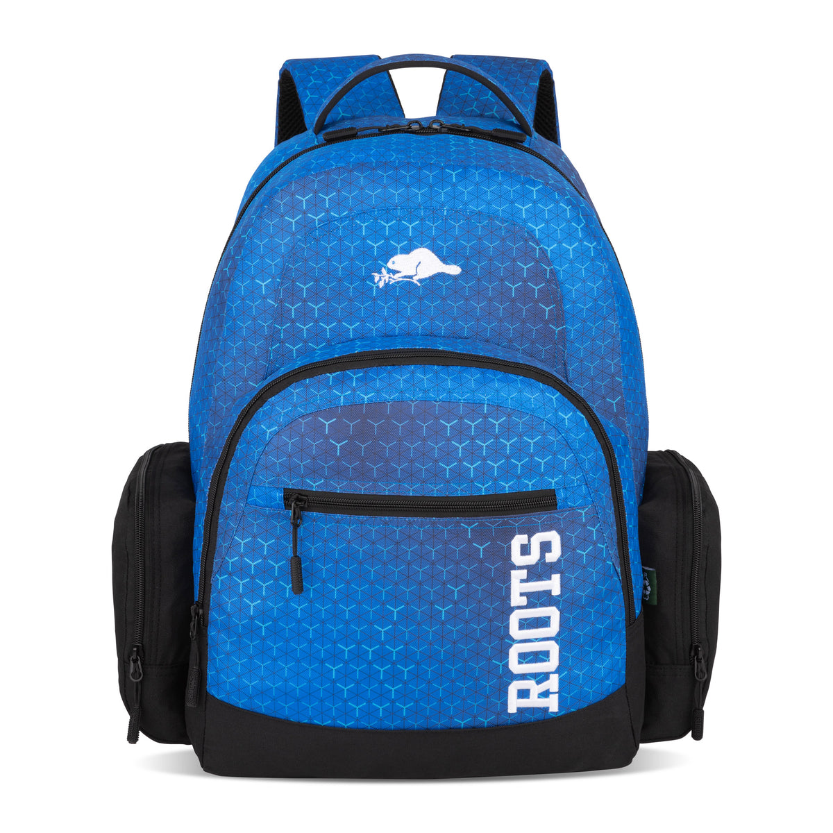 Blue Roots 37L Laptop Backpack - ONLINE ONLY with a geometric pattern, beaver logo, and black side pockets.