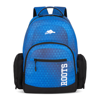 Blue Roots 37L Laptop Backpack - ONLINE ONLY with a geometric pattern, beaver logo, and black side pockets.