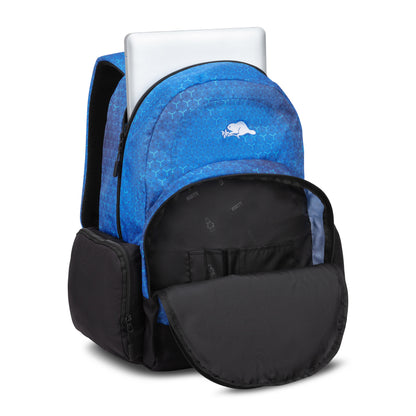 Blue patterned Roots 37L Laptop Backpack - ONLINE ONLY with a laptop inside and an open front zippered pocket.