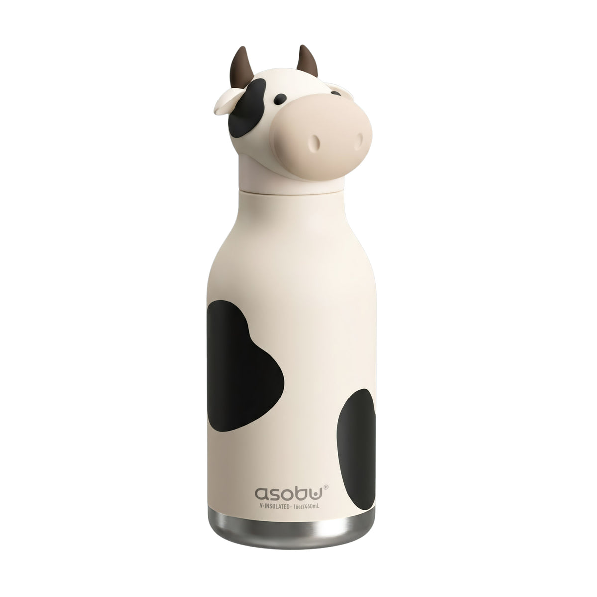 Asobu Bestie Bottle featuring a cow-shaped lid and a vacuum-insulated design with black spots.