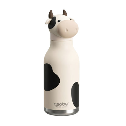 Asobu Bestie Bottle featuring a cow-shaped lid and a vacuum-insulated design with black spots.
