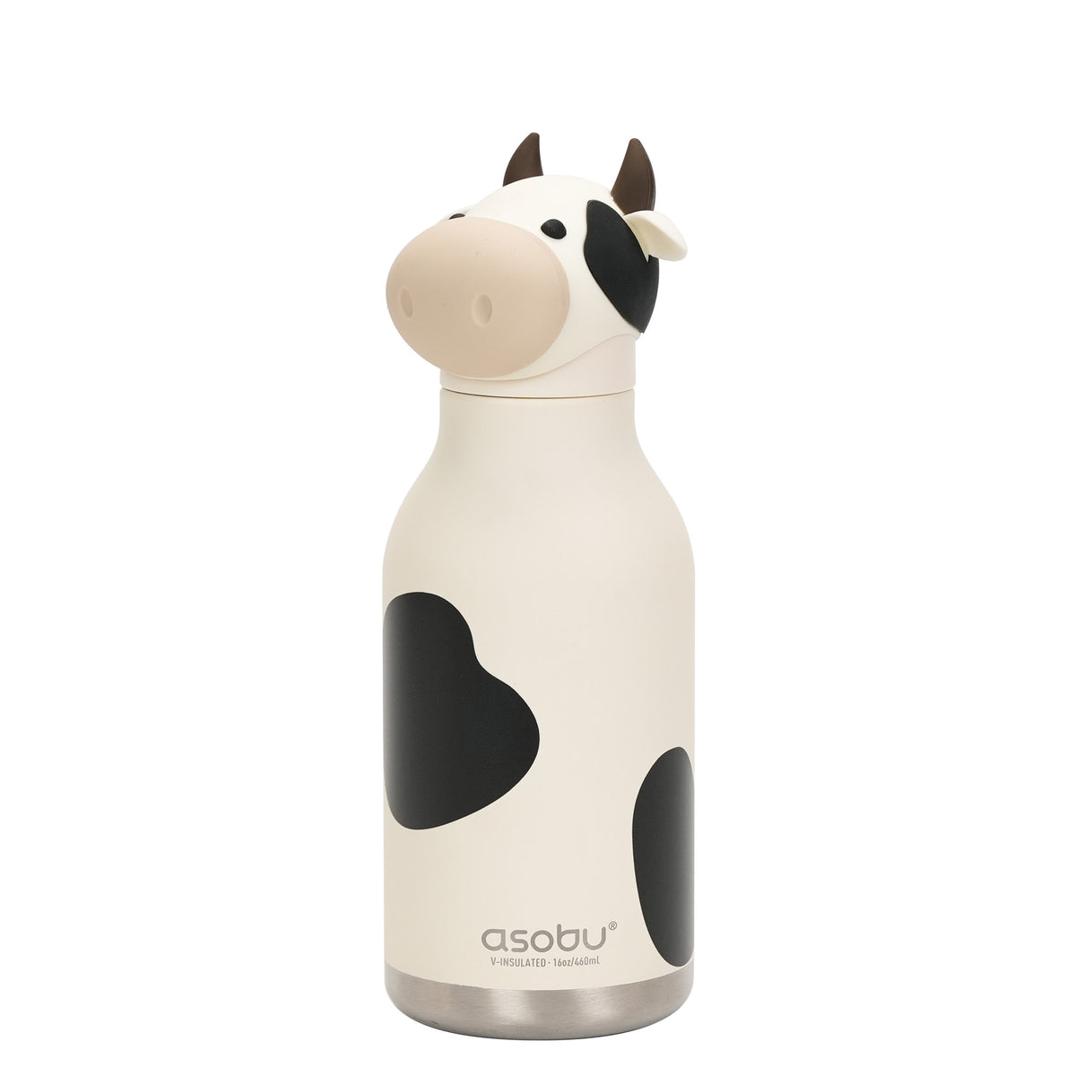 A black and white cow-shaped Asobu Bestie Bottle vacuum insulated water bottle.