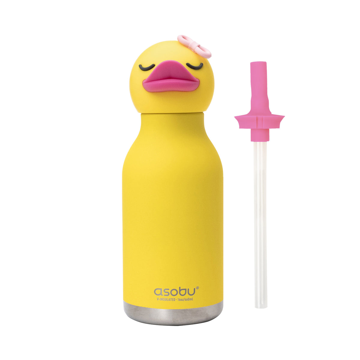 Yellow Asobu Bestie Bottle with a duck-shaped lid and a pink straw.
