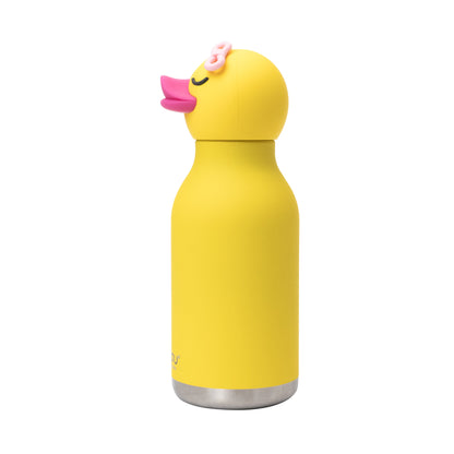 Yellow Asobu Bestie Bottle with a duck-shaped screw-on cap featuring a pink bow.