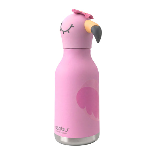 Product Image – Asobu Bestie Bottle in pink, shaped like a flamingo with a flower on its head.