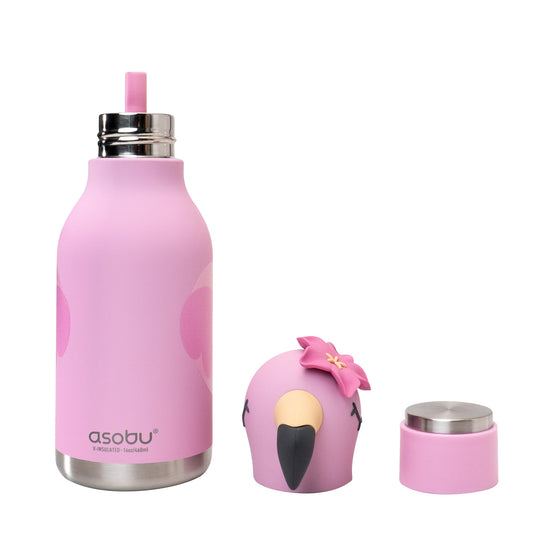 Product Image – Pink Asobu Bestie Bottle with a collectible flamingo-shaped silicone lid and a separate metal cap.