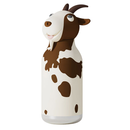 A white and brown spotted Asobu Bestie Bottle featuring a collectible silicone goat head lid.