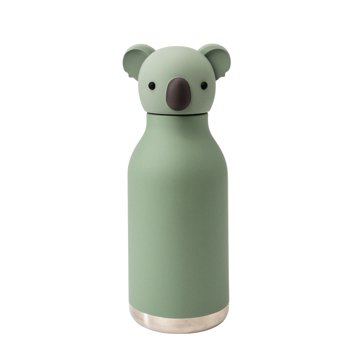 Sage green Asobu Bestie Bottle, a vacuum insulated water bottle with a lid shaped like a koala head.