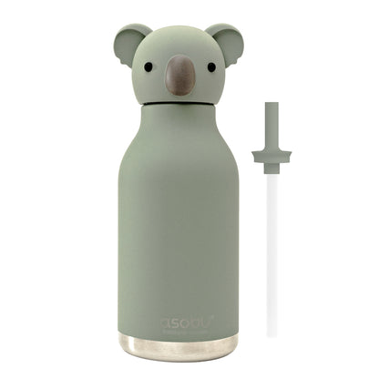 Sage green Asobu Bestie Bottle featuring a koala-shaped lid and matching straw.