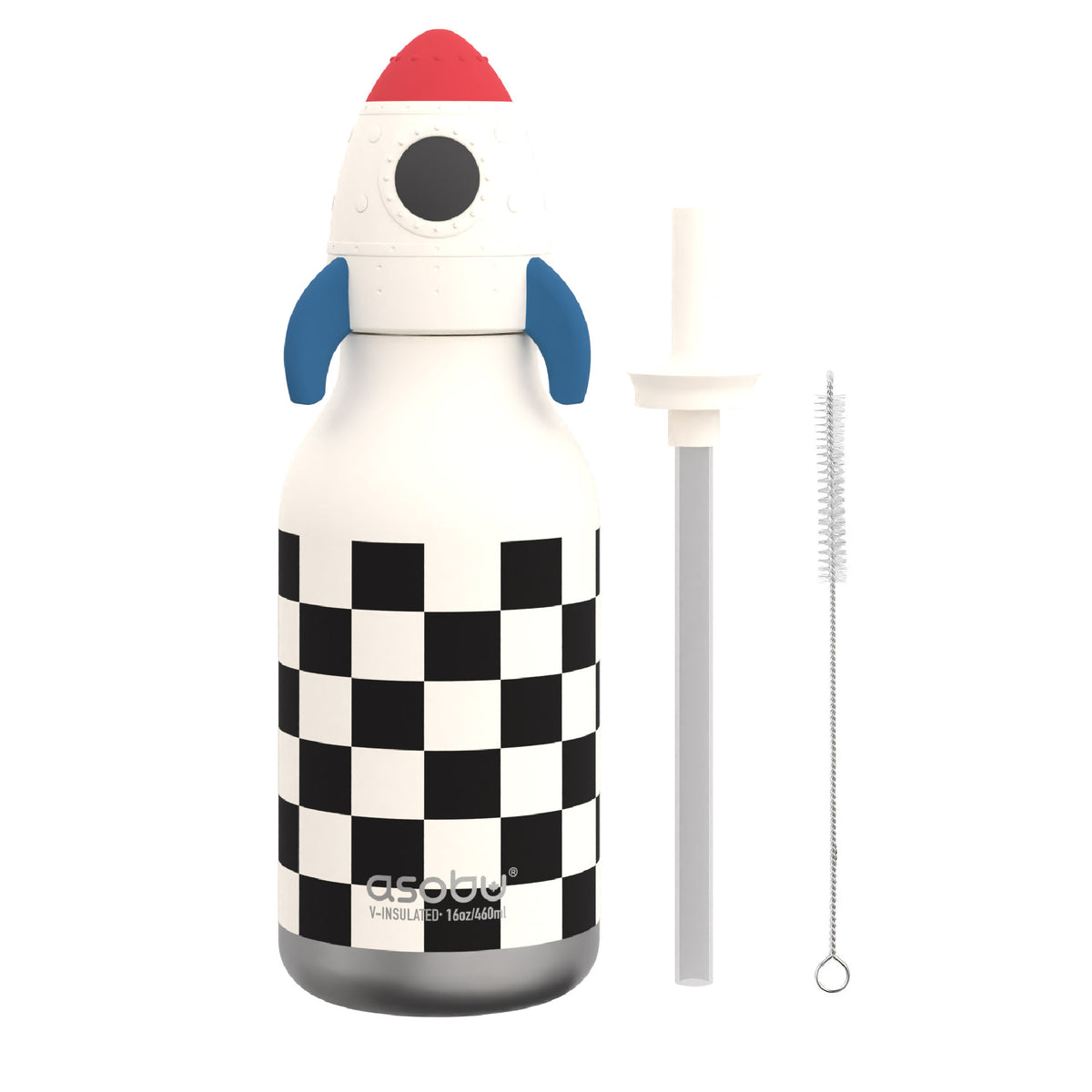 Asobu Bestie Bottle, a rocket-shaped vacuum insulated water bottle with a checkered pattern, a straw, and a brush.